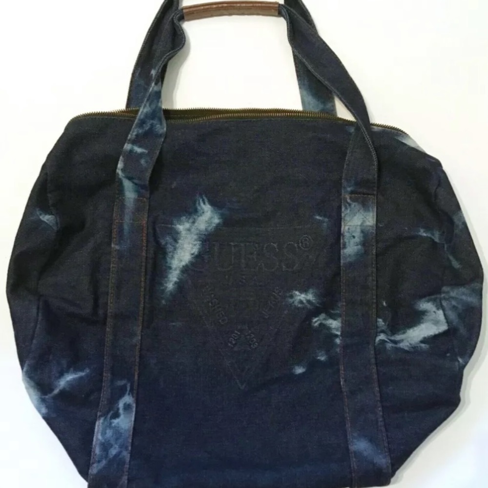 Guess Navy Blue Tie-Dye Canvas Tote with Brown Accent - Picture 3 of 10